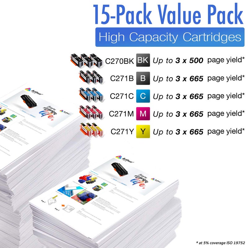 Arthur Imaging 15 Pack Compatible Ink Cartridge Replacement for 270XL 271XL (3 Large Black, 3 Small Black, 3 Cyan, 3 Yellow, 3 Magenta, 15-Pack) - Image 2